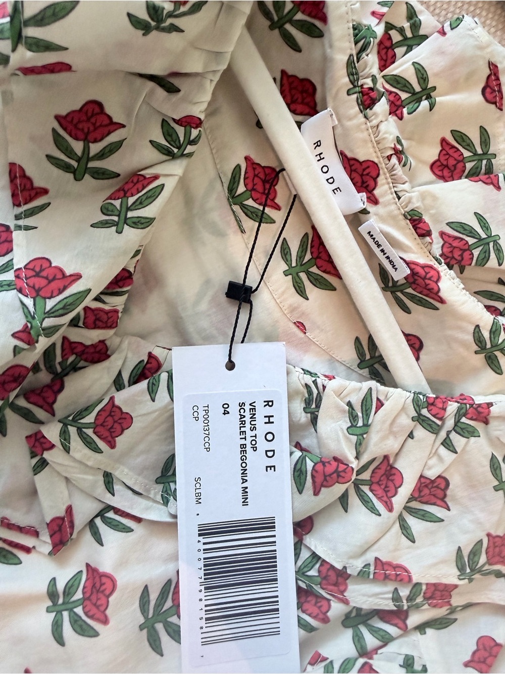 RHODE Cream Blouse with Red Rose Print and Green Leaves - Picture 2 of 2